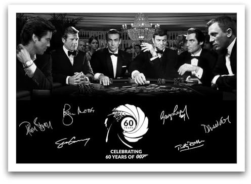 60 Years of Bond – Casino Wandkunst-Poster, Druck mit allen Bond-Schauspielern (A4)