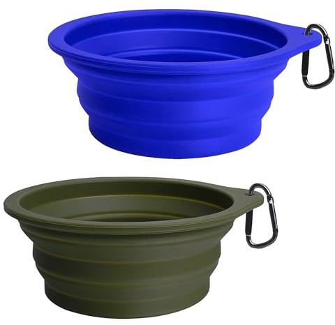 PetBonus 2-Pack Collapsible Dog Bowls, Portable Travel Dog Water Food Bowls | 1000ml, Silicone, Foldable Expandable Cat Feeding Dish, 2 Carabiners, BPA Free, Dishwasher Safe (Army Green, Blue)