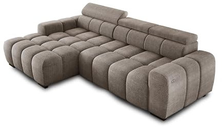 Ecksofa OMBO 285x168x77/97 cm, Linke Seite Mit Schlaffunktion, Elektrisch Ausziehbarer Sitzfläche, Verstellbaren Kopfstützen, Dunklen Buchenholzfüßen, Hydrophobem EDEN-Bezugstoff - Cappucino