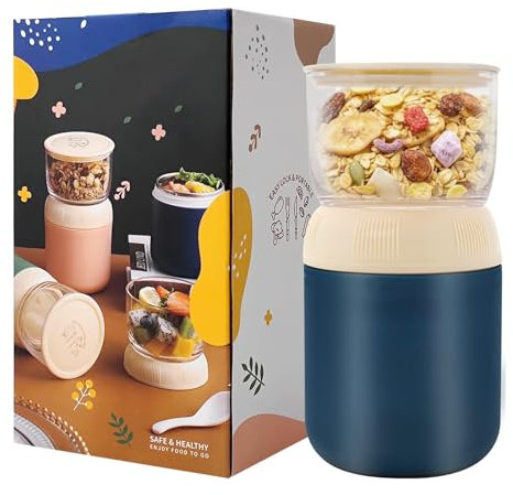 XULIERUX Bol Muesli avec Deux RéCipients SéParéS, 300 + 400 Ml Bol Muesli a Emporter, Tasse à Café De Yaourt, Tasse En Plastique Anti-Fuite Pour Petit-DéJeuner, Pique-Nique, Voyage, Bleu