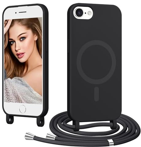 Vauki Coque Magnétique pour iPhone 8/iPhone SE 2020/iPhone 7/SE 2022 avec Cordon, Compatible avec MagSafe Mince Souple TPU Silicone Étui Housse avec Collier Lanière en Corde Case Camera Antichoc, Noir