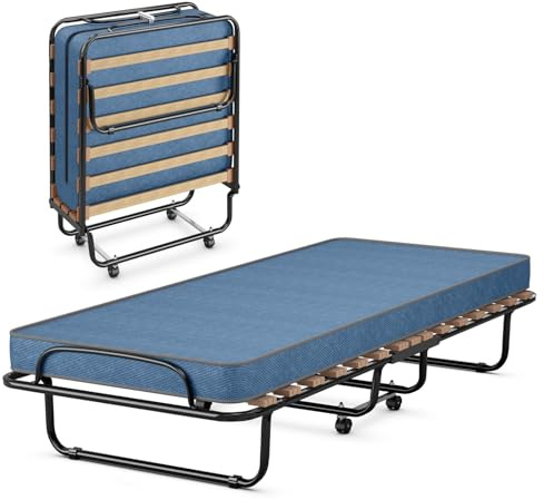 LIFEZEAL Klappbett, Klappbares Gästebett im Metallrahmen, Faltbares Einzelbett mit Matratze aus Memory Foam, Erwachsene Metallbett auf 4 Rädern (Blau, 190 x 80 x 33 cm)