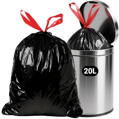OKKEAI 20L Black Bin Bags Drawstring Bin Liners with Strong Handles Heavy Duty Black Rubbish Bags Strong 60Count Trash/Garbage Bags