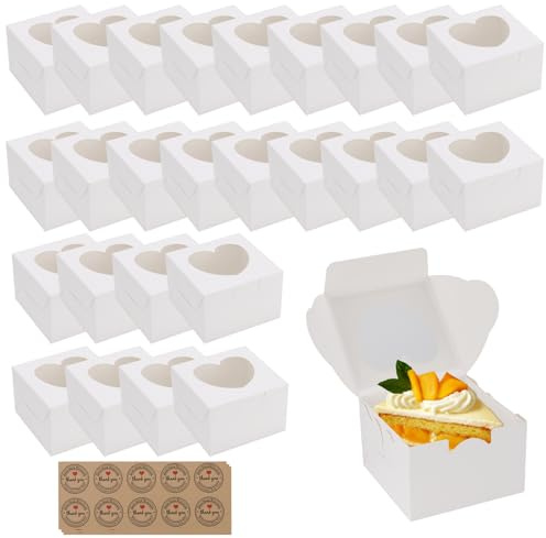 PINGEUI 50 Pcs Small Cake Boxes, 4 Inch White Cupcake Boxes with Heart Shaped Window and Stickers, Individual Cupcake Containers for Cakes Cookies Cupcake Candy Pies Pastries Dessert,10x10x6.5cm