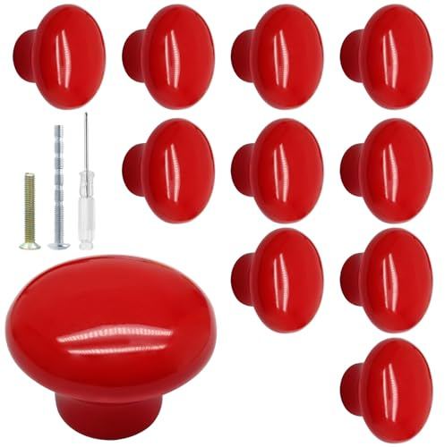 Biaungdo Keramikknäufe für Küchenschränke, 32 mm, Rot, 10 Stück | Retro Vintage Runde Schubladenknöpfe Dekorative Schranktürgriffe für Schrank, Kleiderschrank, Kommode, Möbelbeschläge