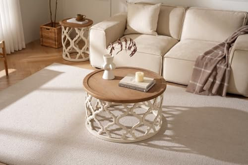 Runder Couchtisch mit erhöhtem Rand & französischem Design Wohnzimmertisch - Antik Braun, Weiße geschwungene Beine (2 Montagearten), 3 Größen (45/48/76cm), Sicher ohne Ecken Stabiles