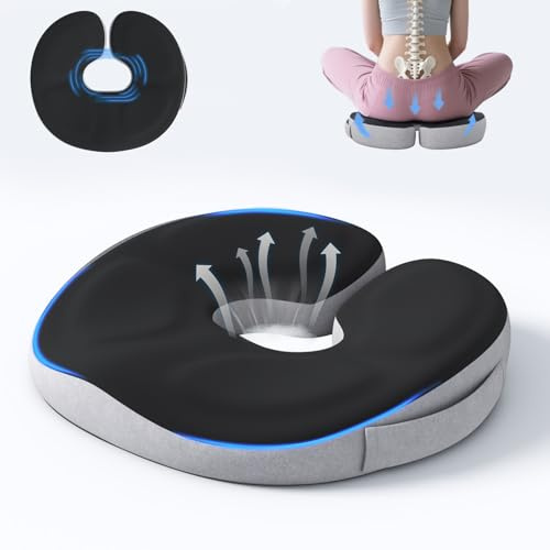 Auoketuo Cojín Ortopédico de Espuma Viscoelástica para Coxis, Dona para Alivio de Hemorroides, Ciática, Dolor Lumbar, Embarazo y Posparto, Funda Lavable Antideslizante (Negro)