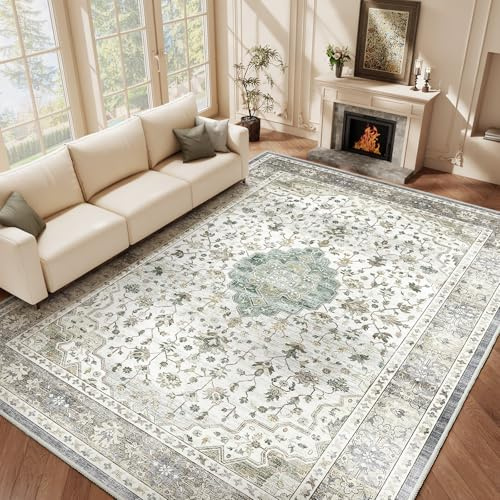 HOMFINE Teppich Wohnzimmer 120x170cm Vintage Waschbar Hell Grün | Großer Waschbarer Kurzflor Teppich mit Blumenmuster, Rutschfest, Weich und ideal für Wohnzimmer, Schlafzimmer und Esszimmer