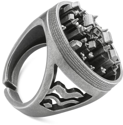 Handgefertigter 925 Sterling Silber Ring im Burg-Design, Verstellbarer Unisex Gothic Ring mit Stadtstruktur-Relief, Künstlerischer Statement-Schmuck für Damen und Herren