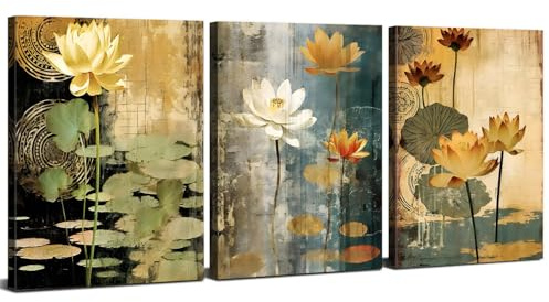 Lotus Canvas Wall Art Prints Zen Water Lily Posters Gold Beige Teal Abstract Flowers Wall Painting Japanese Spa Meditation Relaxing Spiritual Artwork for Living Room Bathroom Decoration 30x40cm 3Pcs
