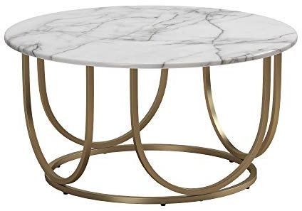 Gwyneth Couchtisch aus MDF Weißer Marmor-Look, Ø 79 x 40,6 cm, runder Couchtisch mit goldfarbenem Metallgestell, moderner Wohnzimmertisch im Glamour-Design für Wohnzimmer und Lounge