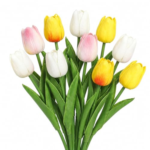 MYZWEL 10 st konstgjorda tulpaner med äkta känsla, realistiska konstgjorda blommor för heminredning, bröllop och fester, dekorativa tulpanbukett (vit, rosa, mörkröd, gul)