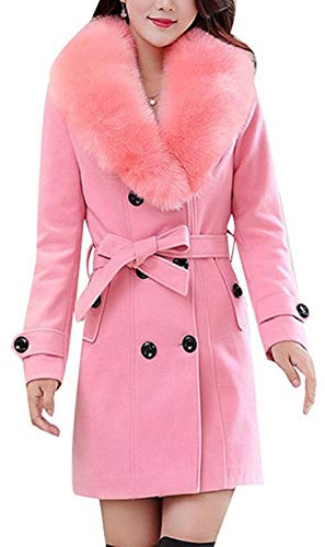 Damen Wintermantel Wollmantel mit Faux Pelz Kragen Parka Herbstjacke Elegant Zweireihiger Trenchcoat Lang Mantel Übergangsjacke Dufflecoat Outwear mit Gürtel