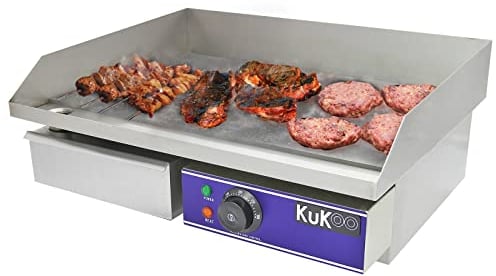 Plancha Profesional Antiadherente Eléctrica de 50cm de Acero Inoxidable Grill Parrilla de Asar Cocina Cocción Barbacoa BBQ+Protector contra Salpicaduras+Cajón Drenaje para Grasa+Termostato Ajustable