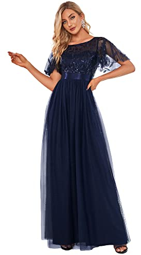 Ever-Pretty Women's Short Sleeve Embroidery Empire Waist A Line Elegant Floor Length Wedding Guest Dresses Navy Blue 16UK
