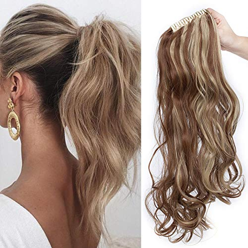 24(60cm) SEGO Coleta Postiza Rizada con Pinza Pelo Sintético Se Ve Natural [Castaño Claro mezcla Rubio Ceniza] Extensiones de Cabello Clip Cola Larga Ponytail Extension (140g)