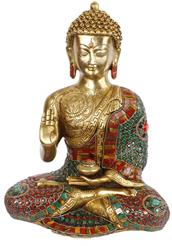 Kartique Idol Buddha-Statue aus Messing, Vitarka-Haltung für Heimdekoration, Tischdekoration, mehrfarbiger Stein, Arbeitshöhe: 30,5 cm
