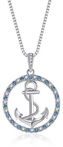 Damen Halskette Kette ANKER blau weiße Kristalle Ankerkette mit Anhänger Silberketten maritim aus 925 Silber Geschenke+für+Sie Boot Liebe Herzkette mit Geschenkbox