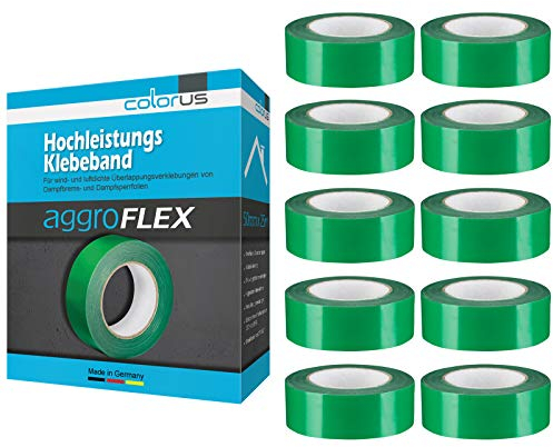 10 x Colorus Dampfsperrfolie 50 mm x 25 m | Folienklebeband für Dampfbremse | Dampfsperrklebeband aggressiv klebend | Dampfbremsfolie für luftdichte Verklebungen | Dampfsperre Klebeband | Dachausbau