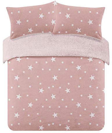 Dreamscene Star Printed Patterned Thermal Teddy Fleece Duvet Cover Quilt with Pillowcase Soft Warm Fluffy Bedding Set, Blush Pink/White - Single
