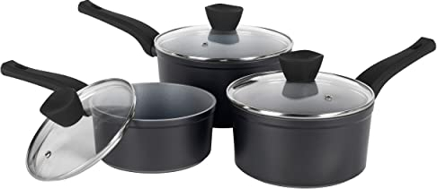 Russell Hobbs RH01706EU Pearlised Lot de 3 Casseroles avec Couvercles en Verre Trempé, 16/18/20 cm, Ensemble de Casserole Antiadhésif, Compatible Plaques à Induction, Passe au Lave-Vaisselle