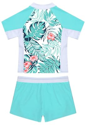 Doomiva Tankini Enfant Fille Maillot de Bain 2 Pièces Anti-UV Bikini de Plage T-Shirt Haut de Bain Floral Short de Bain Ensemble de Sport Surf Natation Survêtement 3-16 Ans Menthe Verte 15-16 Ans