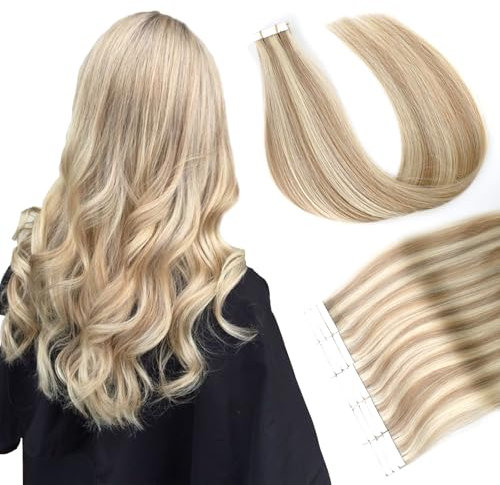 ABH AMAZINGBEAUTY HAIR Tape In Extensions Echthaar 45 cm Tape Extensions Echthaar Highlight Haar Tape in Erweiterungen Skin Weft Unsichtbar Aschbraun mit Platinblonden Highlights #P8-60 50g 20 Stück