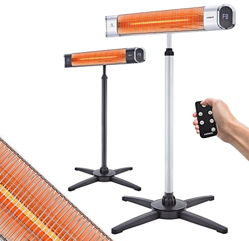 Arebos Infrarot Heizstrahler 2000 W mit Fernbedienung | mit Kreuzstativ | Höhenverstellbar | 60° Neigungswinkel| Schwenkbar | 2 Heizstufen | inkl. Wandbefestigung | Außenbereich | Silber