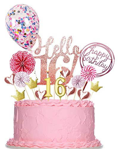 Yitla 16 Tortendeko Geburtstag Frau,20 Stücke 16 Geburtstag Deko mit 16th Geburtstagskerzen, Kuchen Deko Glitzer Gold Rose Hello 16 Cake Topper Happy Birthday(Gold Silber) (16)