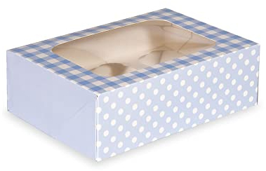 Anniversary House Blue Cupcake Box with Window and Removable 6 Hole Insert, Gingham and Polka Dot Print, Easy Assembly, 1 Pack, 7.5 x 16 x 23 CM, J162
