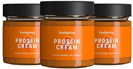 foodspring Crema Proteica, Caramello Salato, 3 x 200g, 85% di zuccheri in meno, Più proteine, Senza olio di palma, Con aromi naturali
