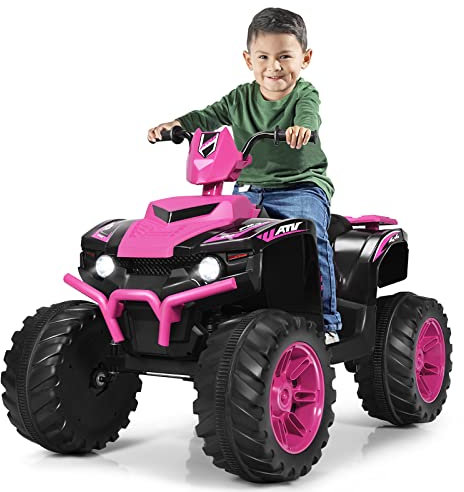 DREAMADE Quad Électrique 12 V pour Enfant, Voiture Électrique avec 4 Roues, Phare et Klaxon, 2 Vitesses de 2,8 km/h à 5 km/h, Musique USB, Cadeau pour Enfant 3-7 Ans, Charge 35 KG (Rose)