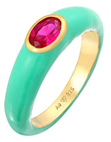 Elli Ring Damen Solitär Oval mit Emaille Grün und Zirkonia Kristall Pink