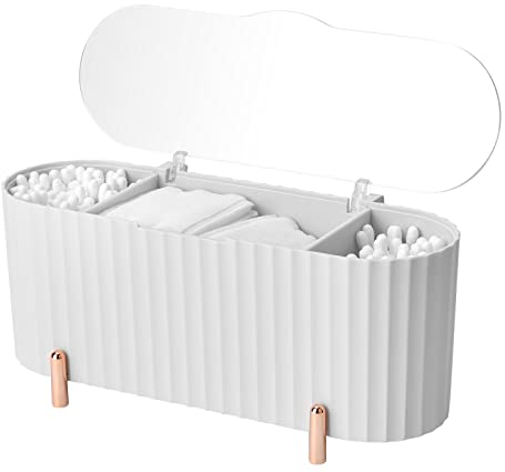 DIYARTS Makeup Pads Container, Cotton Swab Holder, Cotton Ball Canister, Cotton Pad Holder Dispenser, Cotton Pad Storage, 3 Compartments ABS with Lid for Bedroom Bathroom Dressing Table