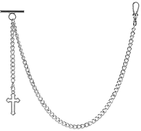 ZTA Herren Albert Kette Silber Taschenuhr Kette Weste Kette für Männer FOB T BAR mit Hohl Kreuz Design Anhänger FOB Charme