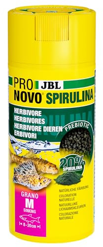 JBL PRONOVO SPIRULINA GRANO, Grünfuttergranulat für alle Aquarienfische von 8-20 cm, Fischfutter-Granulat, Klickdosierer, Größe M, 250 ml