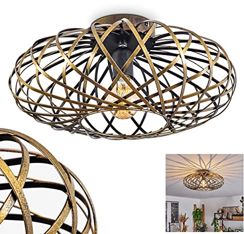 Deckenleuchte Oravi, runde Deckenlampe, Metall, Goldfarben-antik/Schwarz, 1-flammig, E27-Fassung, Ø 40 cm, Leuchte im Retro/Vintage-Design mit tollem Lichteffekt durch Gitter-Optik, ohne Leuchtmittel