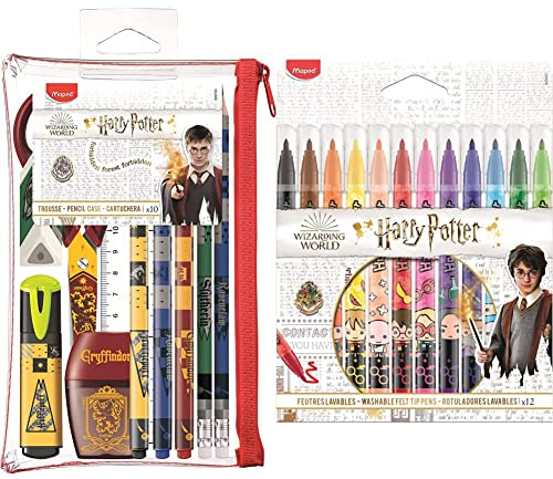 Maped - Trousse de Fournitures Scolaires Harry Potter 10 pièces & Feutres Jungle décorés Harry Potter - 12 Feutres de Coloriage Lavables et Résistants au Séchage Multicolore