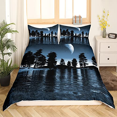 Mondnacht Bettwäsche 155 x 220 Landschaft Nebliger Dschungel Bettbezug Psychedelic Sternenhimmel Bettbezug Halloween Thema Bettwäsche Set Modernes 2D Gedrucktes Bettwäsche Set mit 2 Kissenbezüge