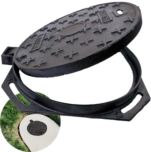 MOSINSBO Schachtabdeckung und Rahmen aus Gusseisen, 40,6 cm, B-Klasse schwarzer Klärgrubendeckel mit Sockel, rundes Abwasserbecken, robuste Metall-Inspektion für Auffahrt, Beton, Hof (True 40,1 cm)