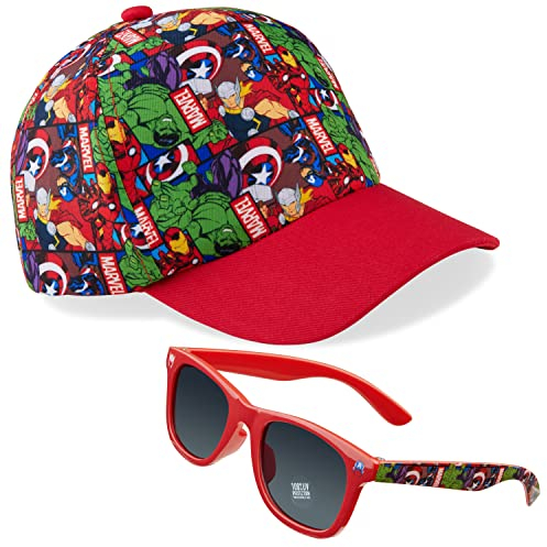 Marvel Spiderman Cappello con Visiera e Occhiali da Sole Bambino Cappello Baseball Regolabile Occhiali da Sole Bambini Protezione UV400 (Rosso/Multi)