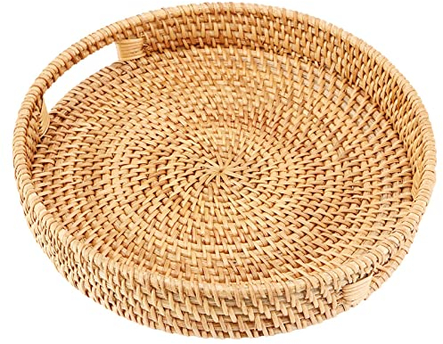 KOHAND 25cm Round Rattan Woven Serving Tray, Large Round Rattan Tray with Handles, Natural Table Desktop Organiser Tray, Decorative Woven Basket for Snack, Bread, Drink, Breakfast, Candle
