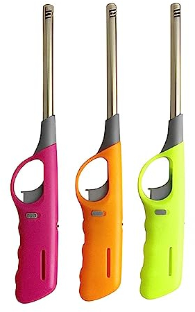 ONE 3 x Multipack Large BBQ Refillable Safety Gas Candle Fire Lighter for Indoor and Outdoor BBQ, Candles, Camping, Cooking and Stoves Size 27 x 4 x 2 CM (Assorted Colors)