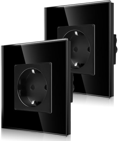 2er-Pack CNBINGO Glas Einzelsteckdose Unterputz in Schwarz - Einfach Schuko Steckdose mit Kindersicherung - 16 Amp Schutzkontakt Wandsteckdose mit Glasrahmen