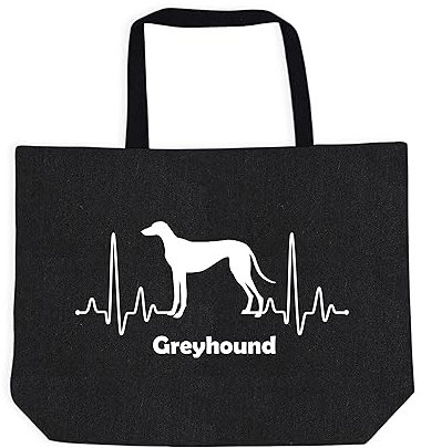Merchandise for Fans Einkaufstasche Umhängetasche Schultertasche Baumwolltasche Shopper - schwarz - für Schule, Arbeit, Einkauf: Herzschlag EKG Hund Greyhound Windhund 01