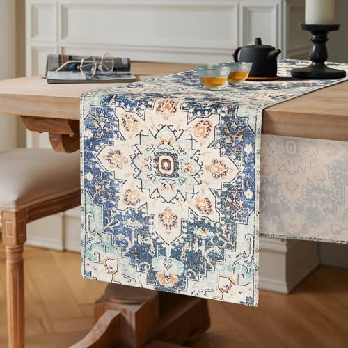 Mandala Tischläufer 40 x 140 cm Geometrie Blumen Blaue Tischläufer Leinen Modern Boho Style Tisch läufer Landhausstil Rustikale Tischdecke Dekorativer für Party Urlaub Esszimmer Kommode