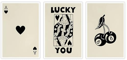 Funky Black and White Lucky You Poker Poster Set of 3, Vintage Girly Preppy Cherry Canvas Wall Art, Trendy Ace Of Hearts Playing Card Prints Wall Decor for Teen Girl Bedroom Dorm 30,5 x 40,6 cm