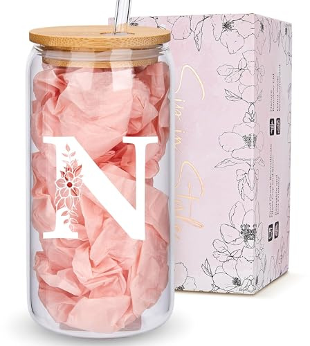 Personalized Gifts for Women, Monogrammed Glass Cups with Lids and Straws, Custom Tumbler, Cute Customized Mug, Aesthetic Stuff, Initial Iced Coffee Cup, Drinking Glasses, Birthday Teacher Gifts, N
