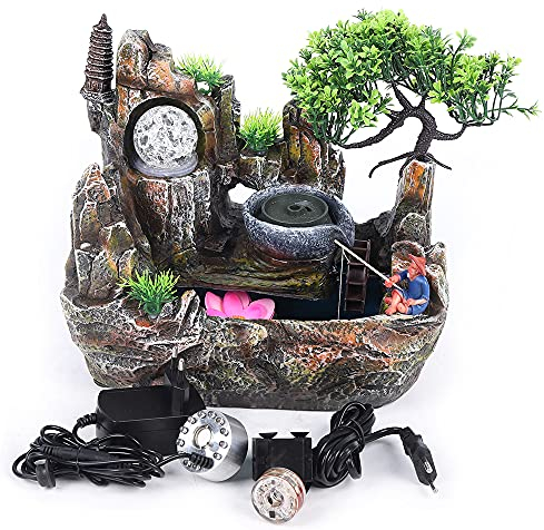 Zimmerbrunnen,30x18x26CM Zerstäuber Springbrunnen Zier Wasserfall,Zerstäubung Ornamente Steingarten Brunne Desktop Deko mit LED Beleuchtung