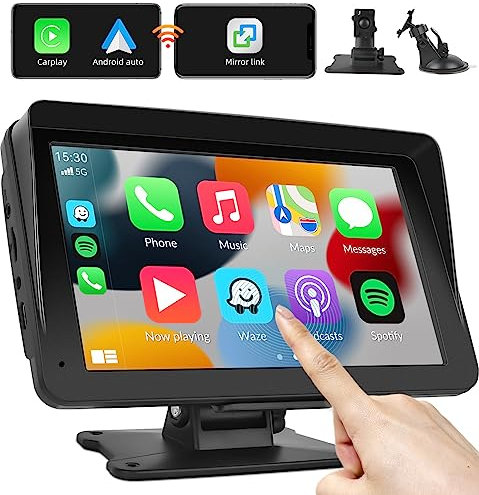 Wireless Apple Carplay & Android Auto Portable Car Stereo 7 Touchscreen Car Radio Receiver Portable Car Play Screen with Bluetooth Hands-Free Calling, Siri/FM/AUX/Airplay/Mirror Link